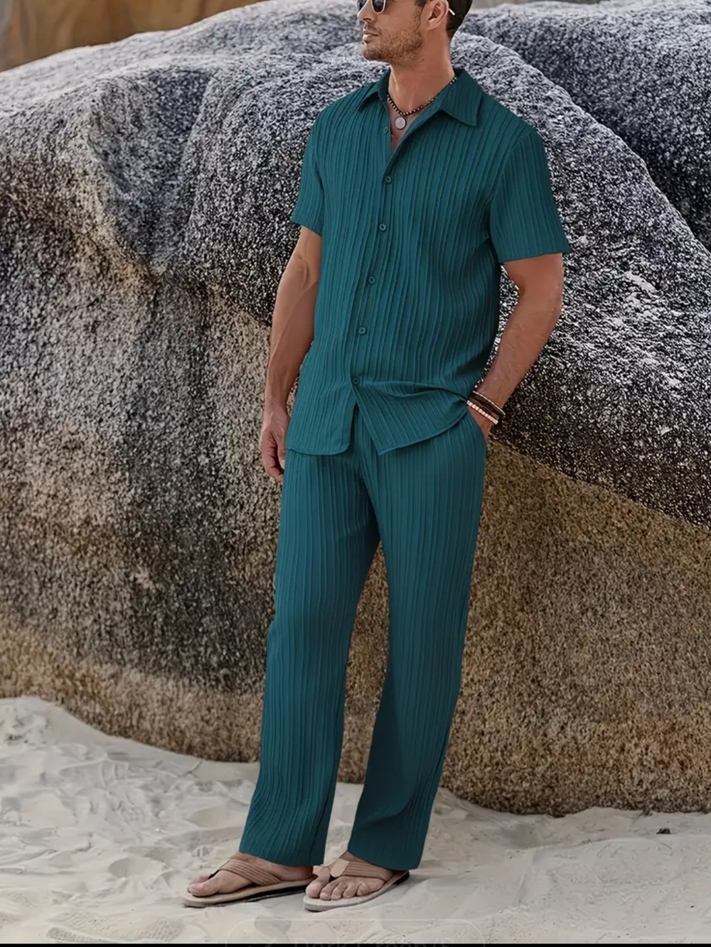 Men's Teal Ribbed Casual Pants - Relaxed Beach Style